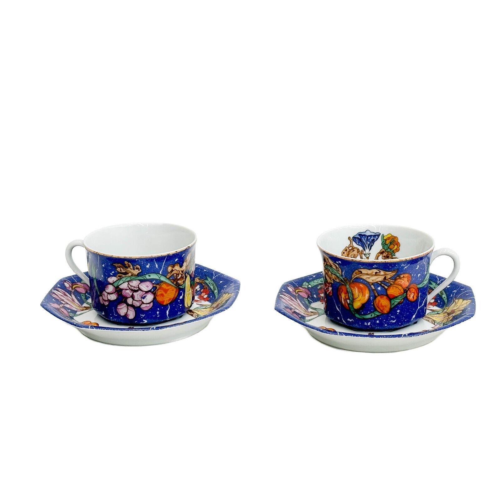 Pair Hermes Porcelain Cup and Saucers Marqueterie Pierres d\'Orient d\'Occident