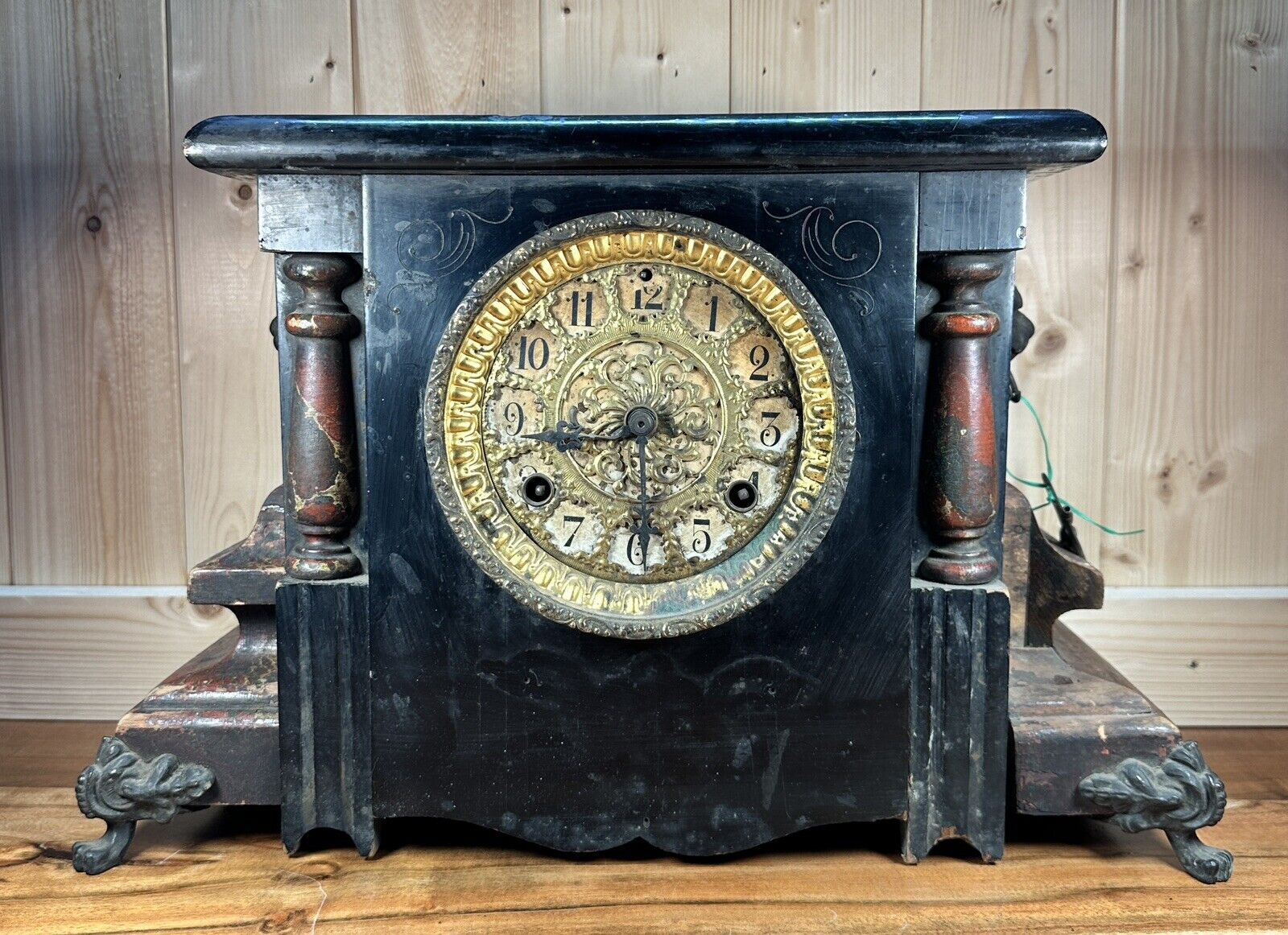 Circa 1918 Waterbury Connecticut Mantle Clock Clawfoot with Lion's Head As Is