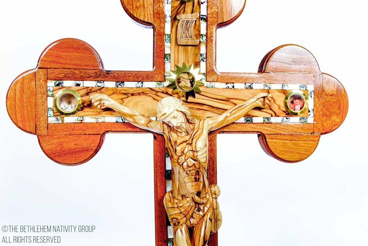 Stunning Outstanding Large Olive Wood / Mahogany Wood &Mother of Pearl Crucifix.