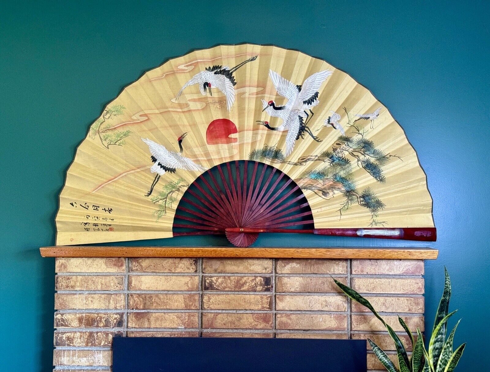 Vintage HUGE Asian Hand Painted Fold Out Fan ~ Wall Art ~ 65” x 35”