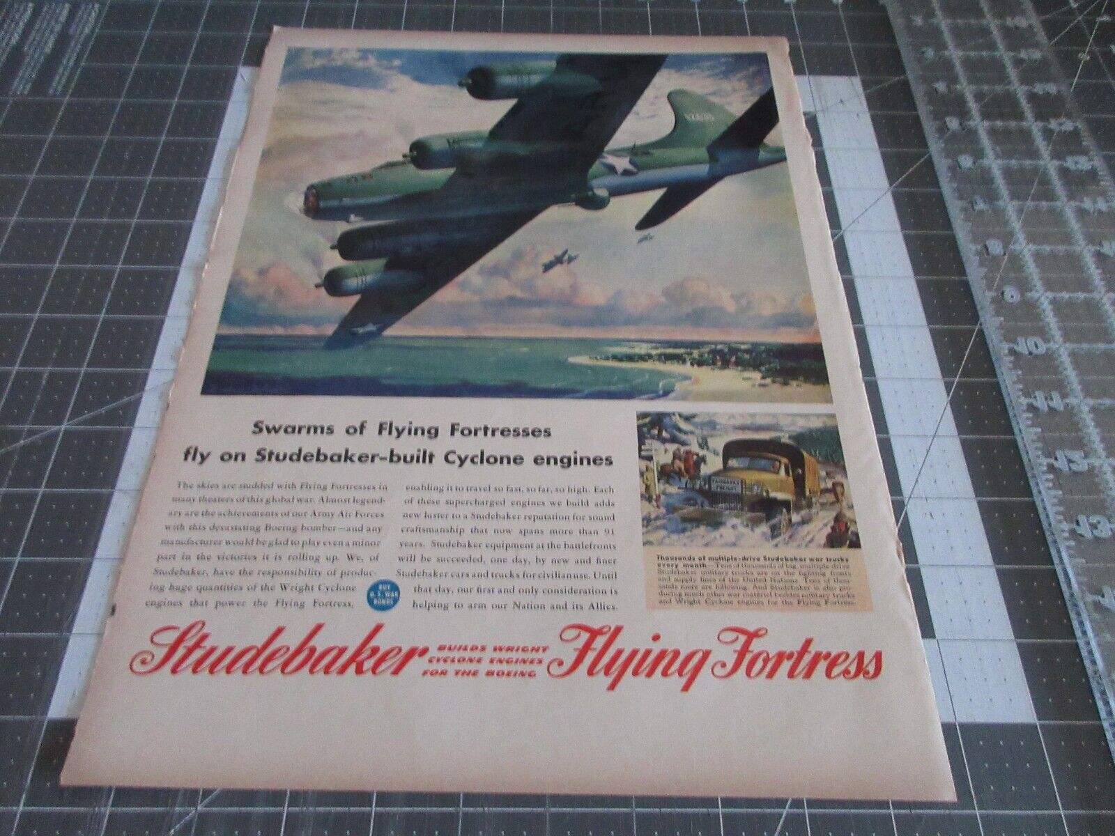 1943 Studebaker Flying Fortresses WWII Vintage Print Ad