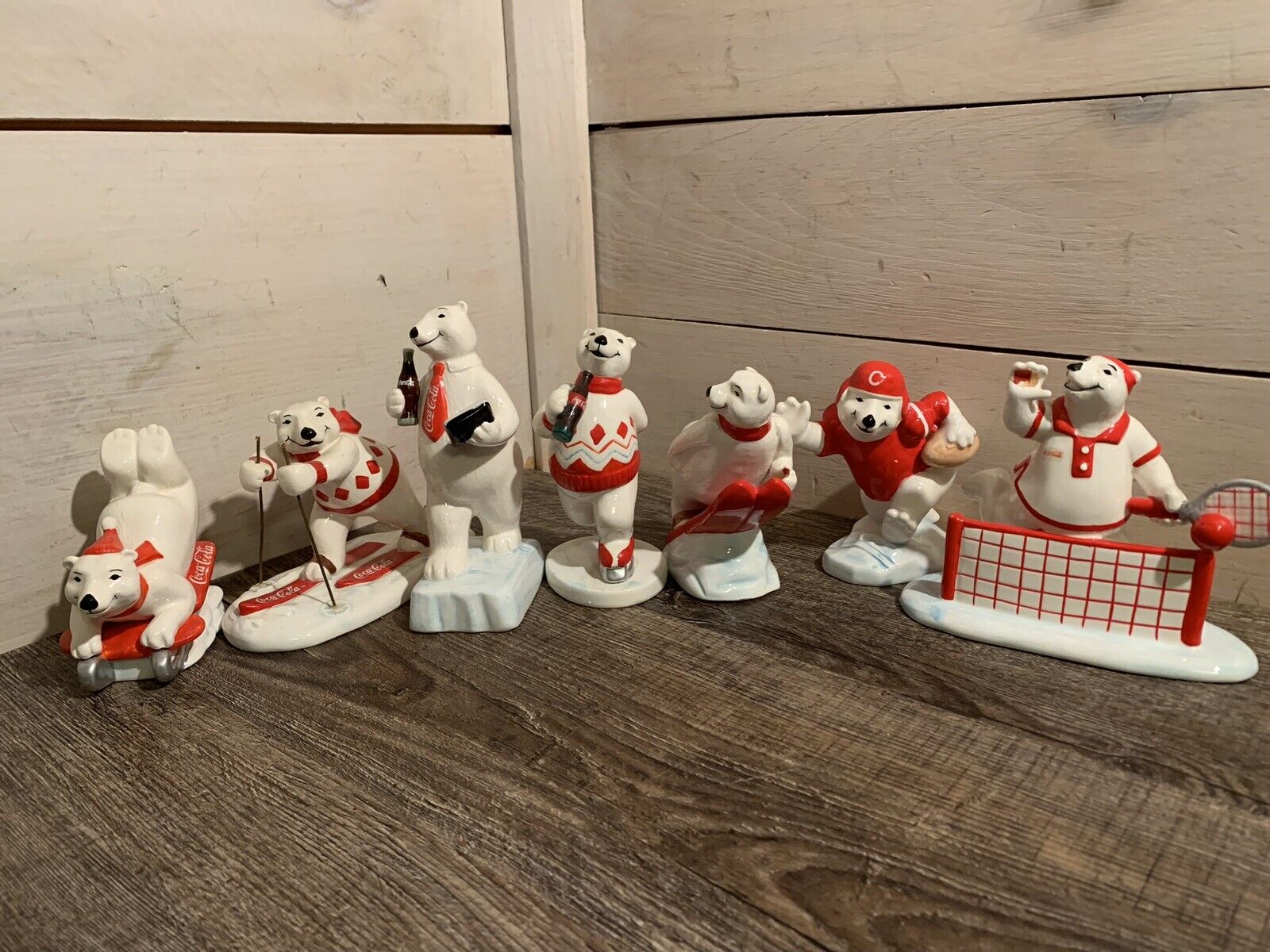 VTG 1990’s Coca Cola Polar Bears Sports Christmas Enesco Ceramic Lot Of 7 Sled