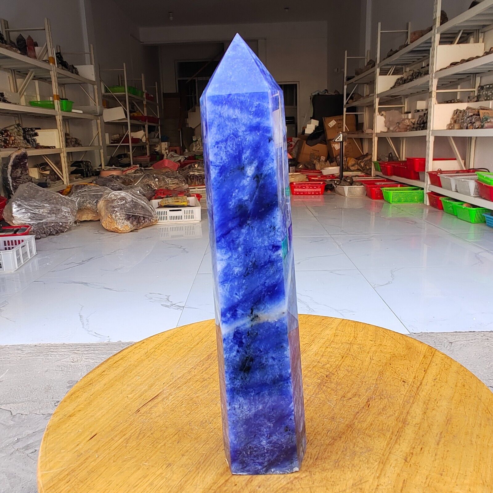 645g Natural Blue and white Quartz Obelisk Crystal Energy Wand Point healing