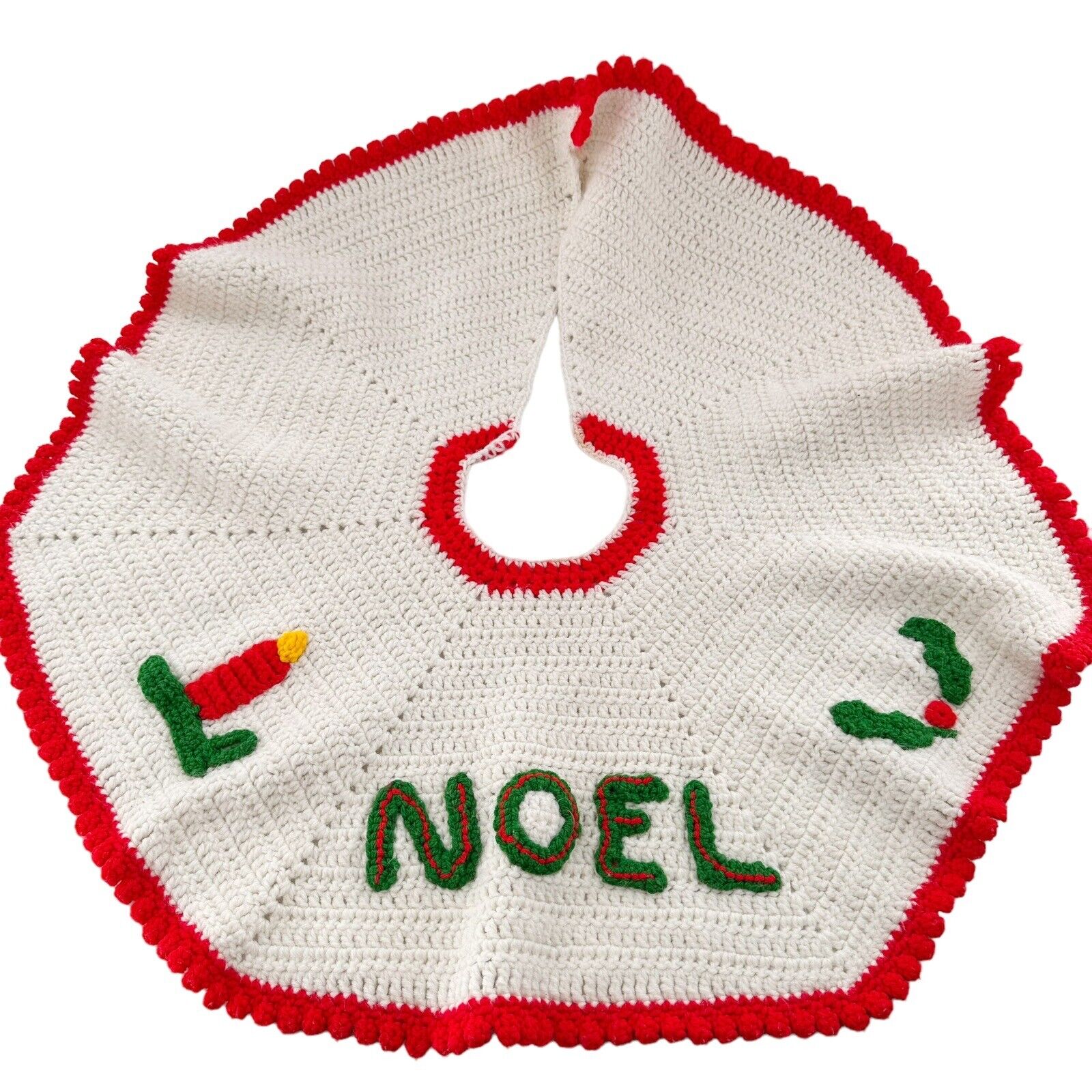 Vtg Christmas Hand Crochet Tree Skirt Noel Holly Candle Red 45” Granny Retro