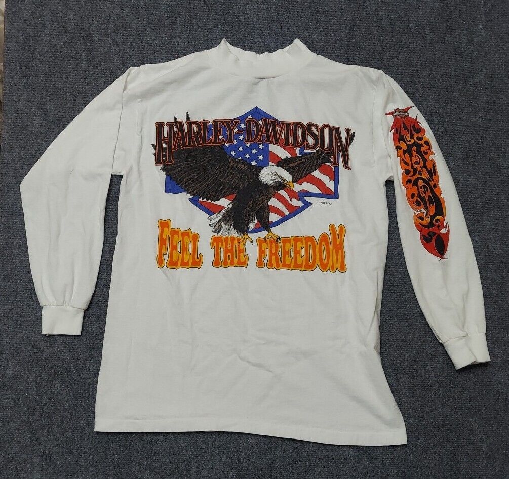 Vtg Harley Davidson Shirt M White Mock Turtleneck Eagle Feel Freedom Fun Wear