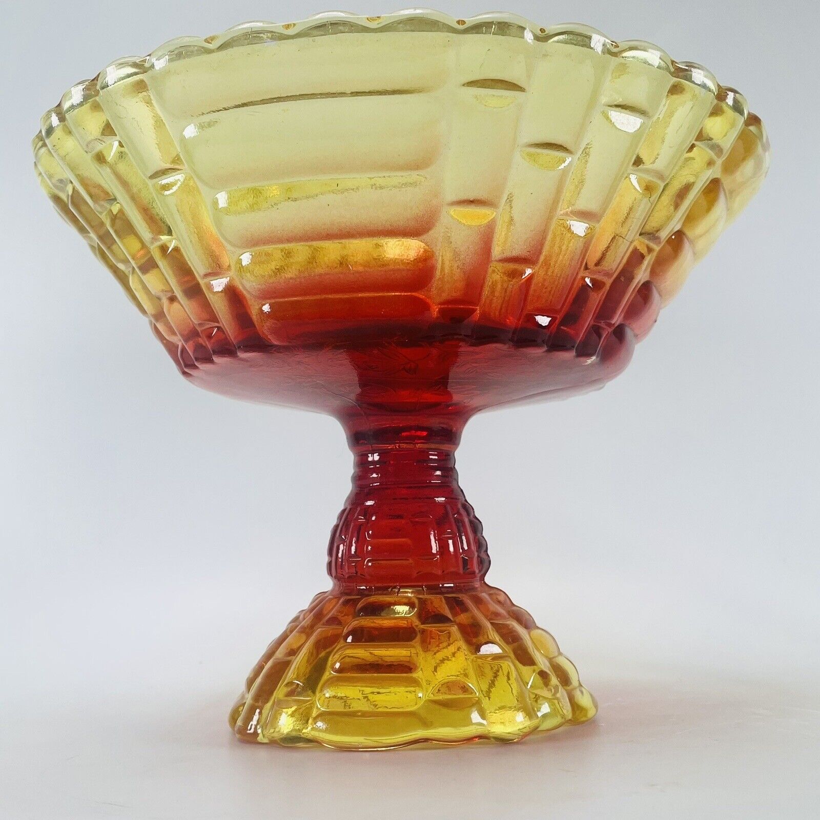 Jeannette Glass Amberina Louisa Footed Fruit Bowl Compote Yellow Red VTG Flashed