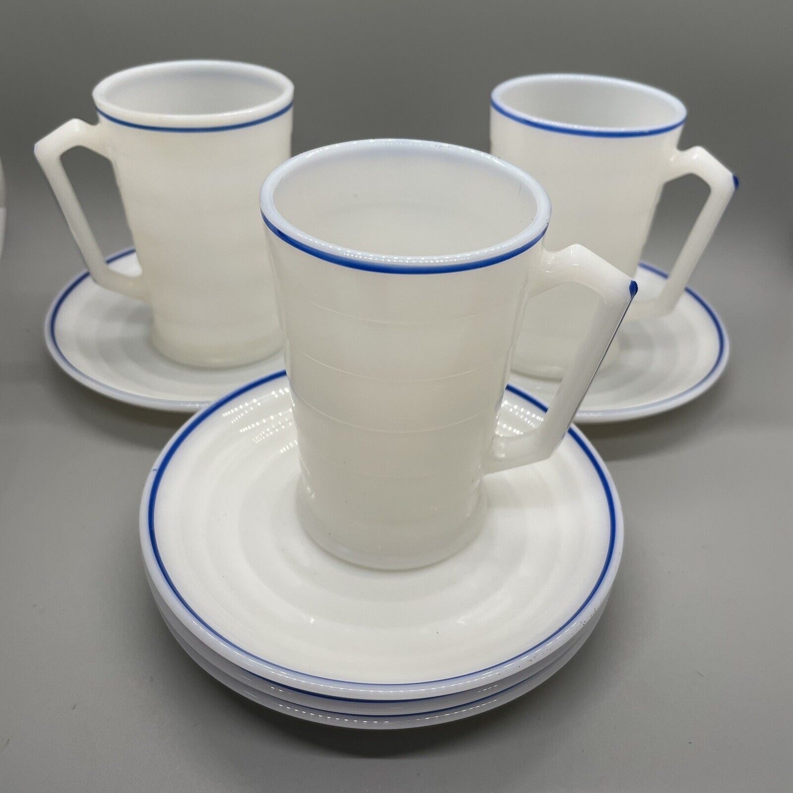 Rare Hazel Atlas Blue Stripe Moderntone Milk Glass 8 pc Set 3 Cups And 5 Saucers