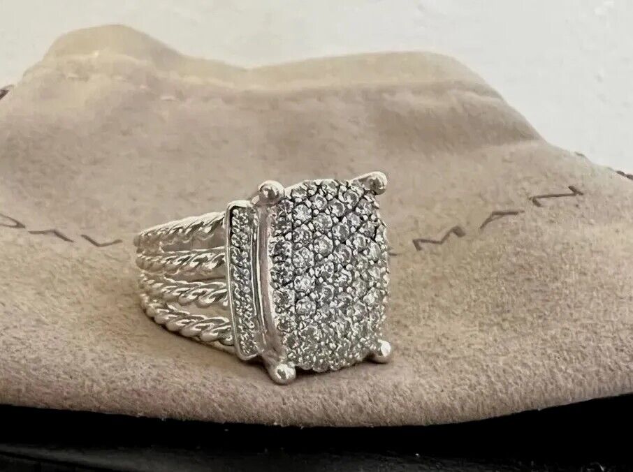 David Yurman Sterling Silver 925 Wheaton Pave Diamonds Ring 16x12mm Size 8