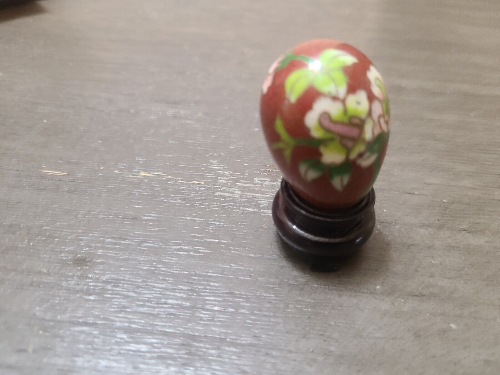 Small Red Brass Enameled Egg With Stand Floral Pattern