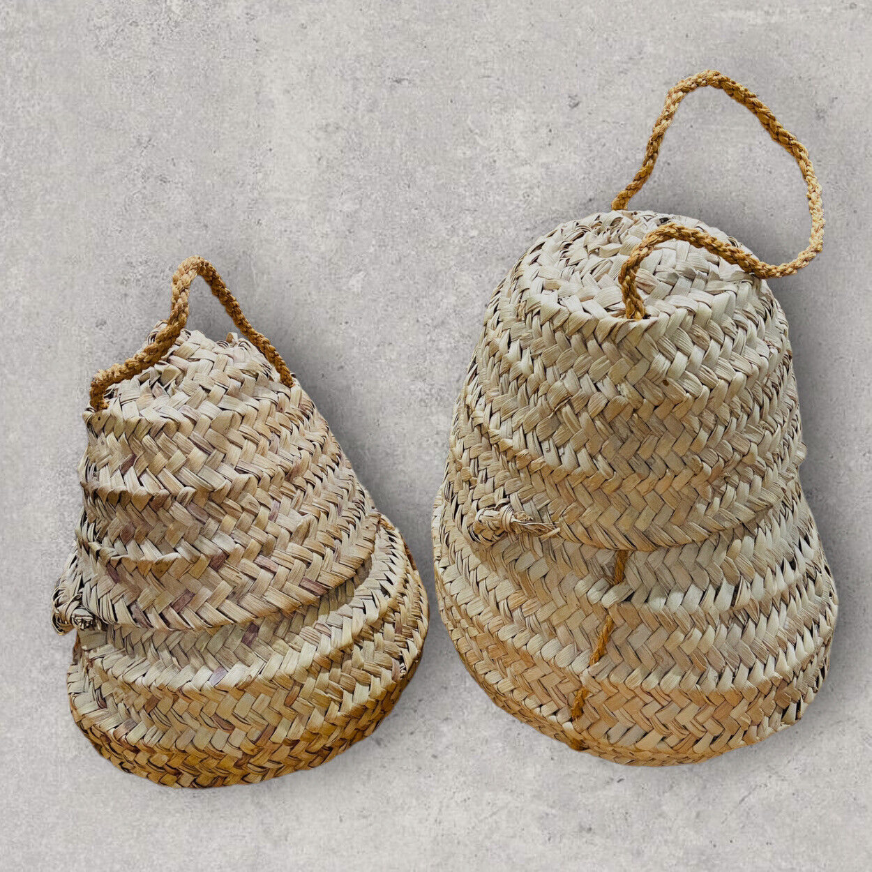 Two Straw Beehive SKEP BeeHive Baskets w/ Handle Woven Decorative Prim Farmhouse