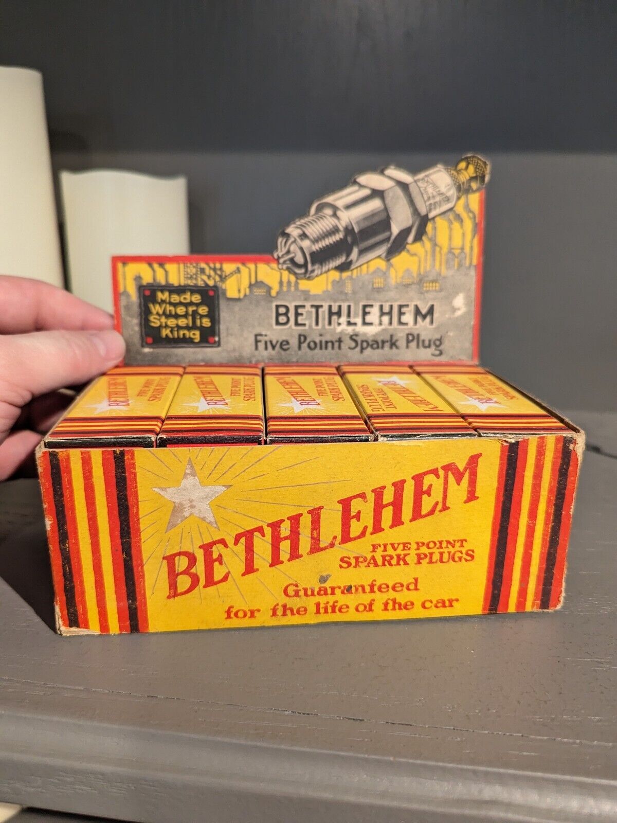 Early Bethlehem Spark Plugs NOS Display  Original Gas Station Sign - Includes Pl