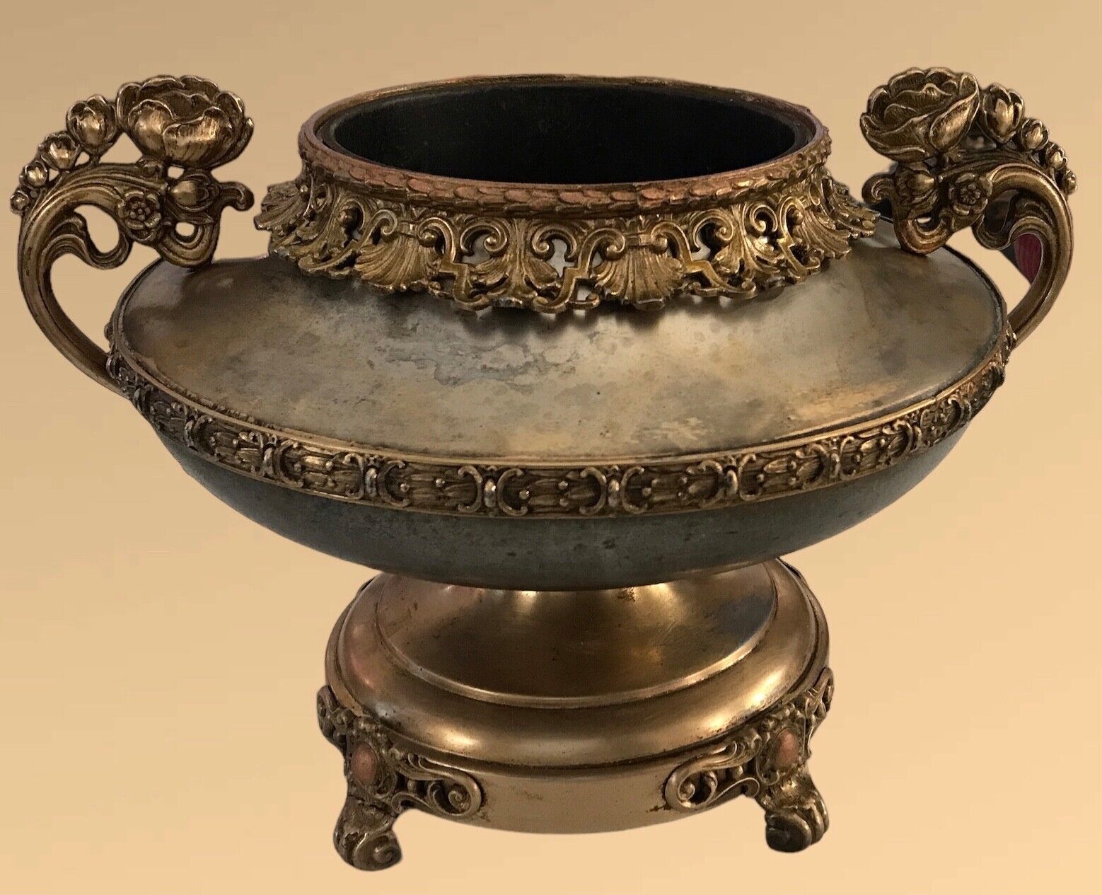 VTG Large Pedestal Ornate Oil Lamp Metal Base~Brass~Bronze~Urn~Bowl~Planter