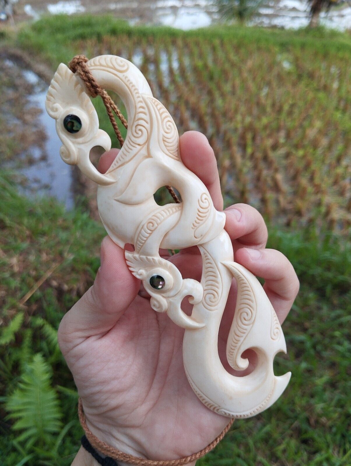 Maori Pendant Huge Double Manaia Hand Carved Bone Abalone New Zealand 