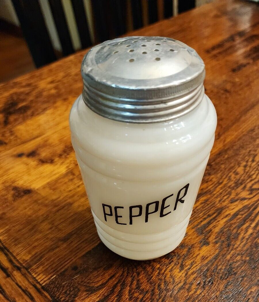 Hazel Atlas Pepper Shaker White Milk Glass Black Lettering Beehive Shape Ribs