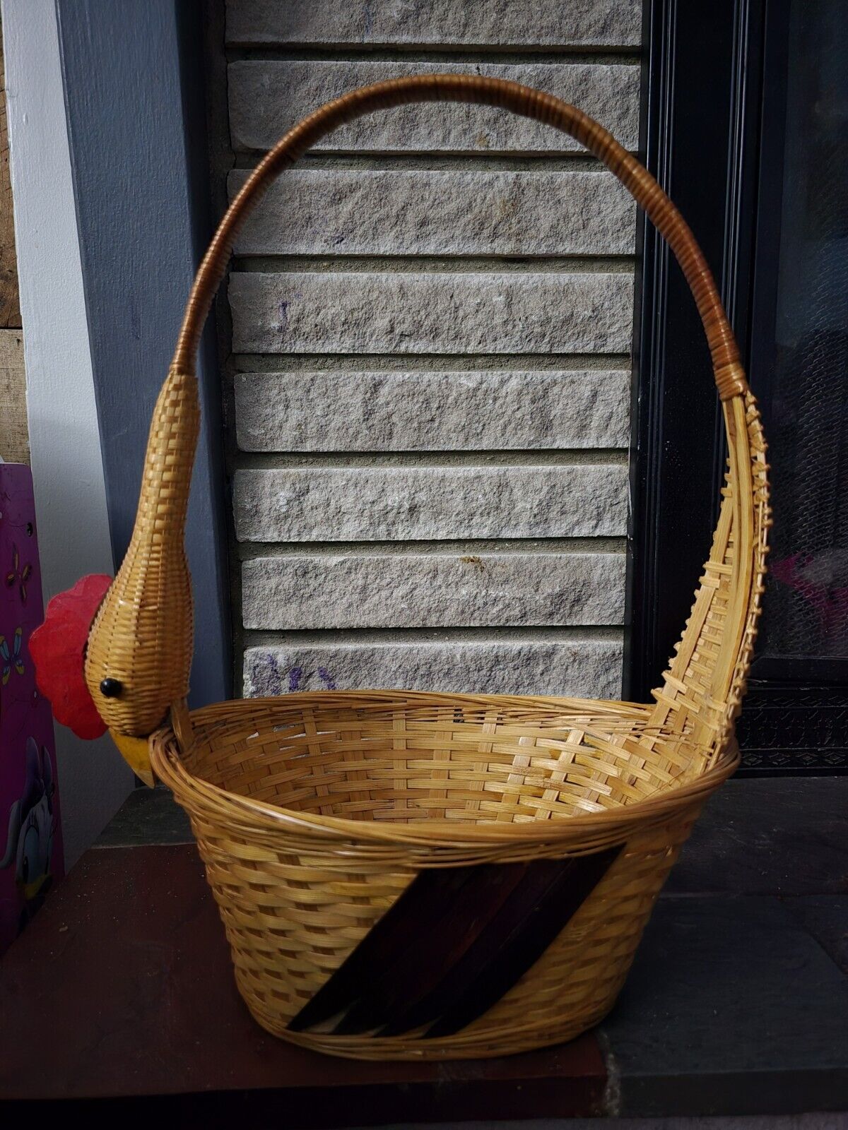 Vintage Rooster Chicken Wicker Basket Missing Eye 16\' Tall