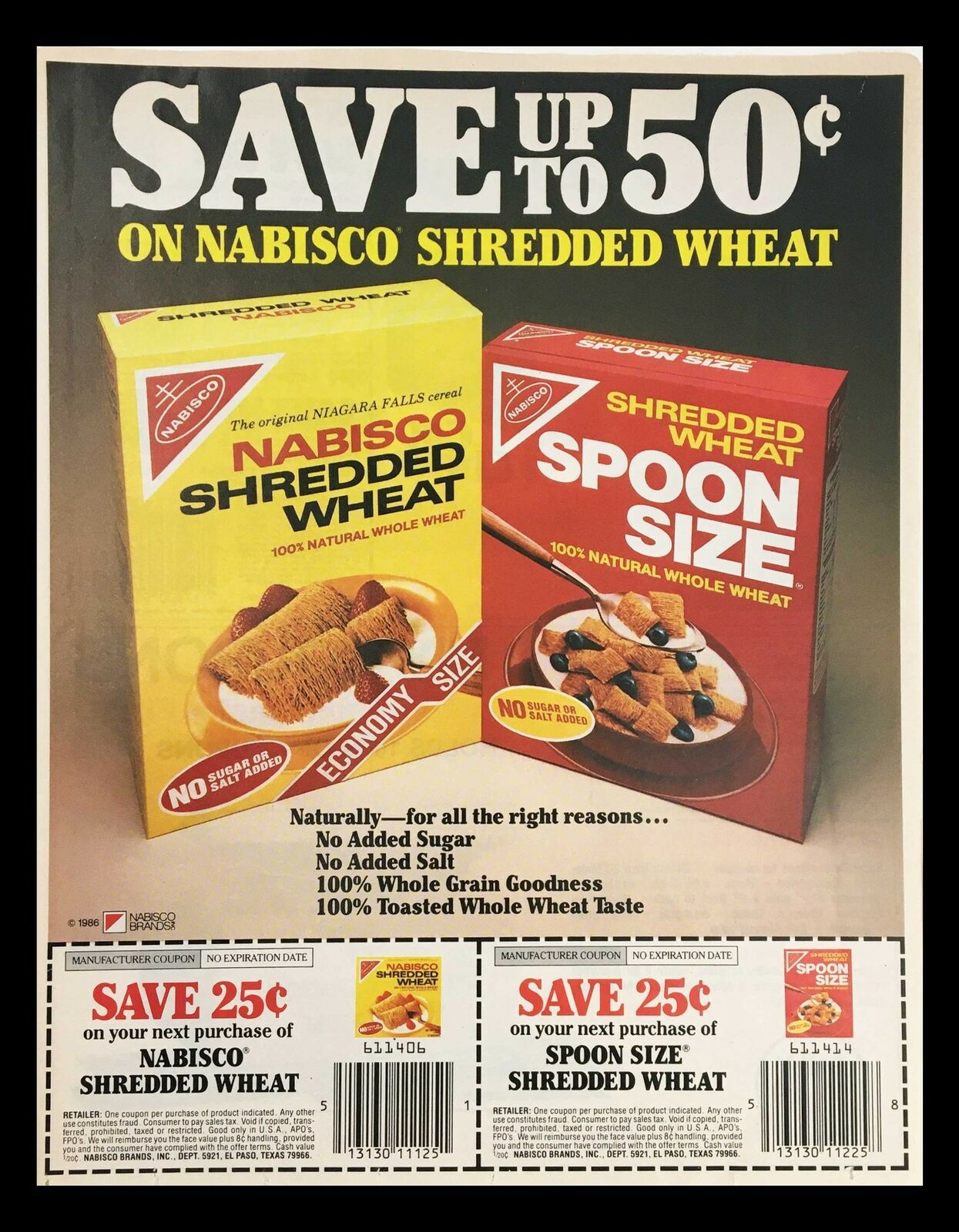 1986 Nabisco Shredded Wheat & Spoon Size Cereal Circular Coupon Advertisement