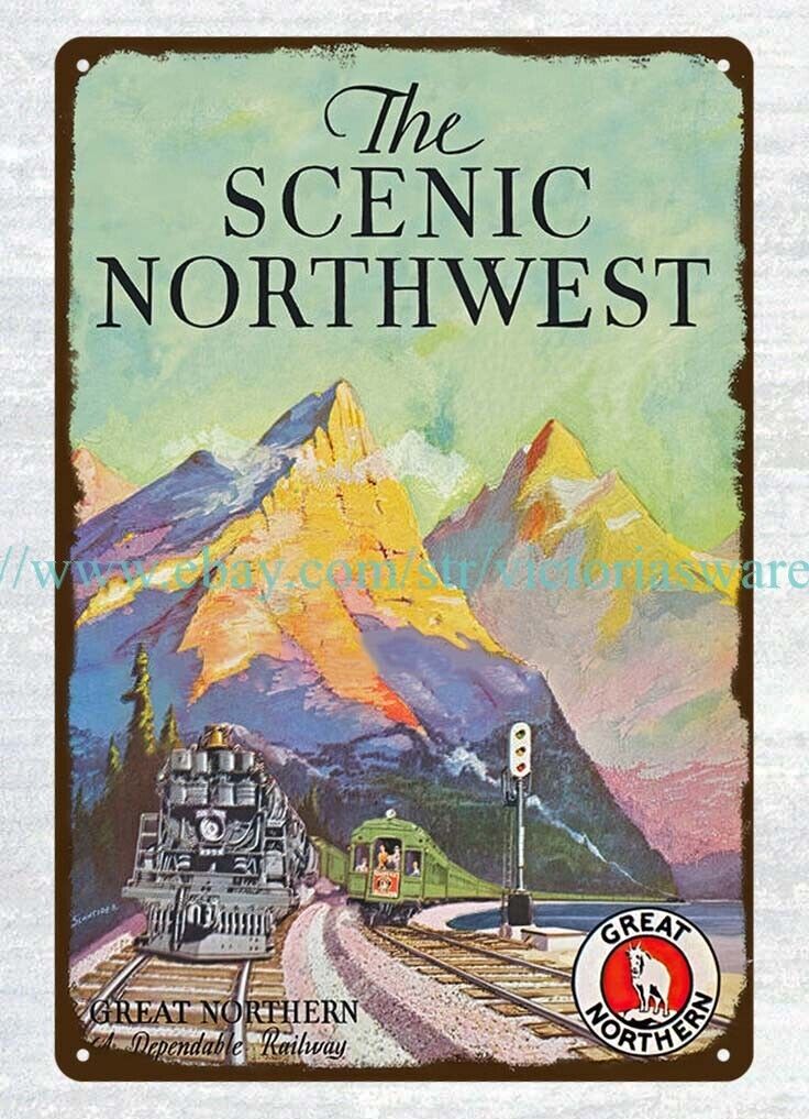 1915 train mountain Scenic Northwest Great Northern Railway metal tin sign