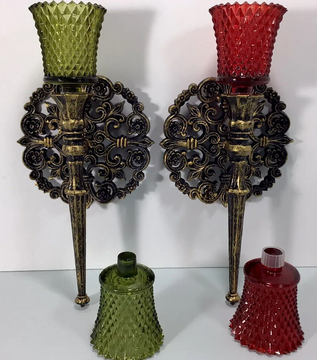 6 pc set Homco Red Green NOS Pair Gothic Wall Lamp Light Sconces Candle Holder