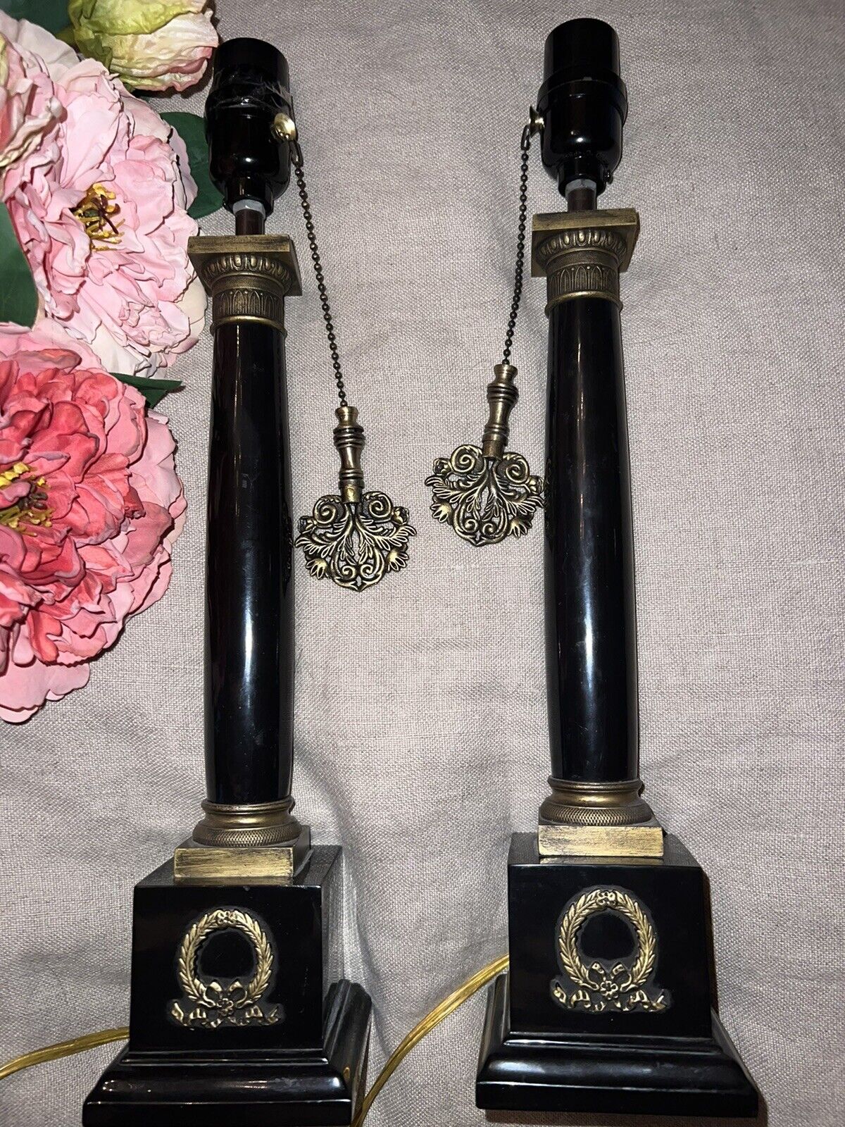 Pair 2 Antique Lamps From The Old Savoy Hotel In London WORKING 17” Tall Black