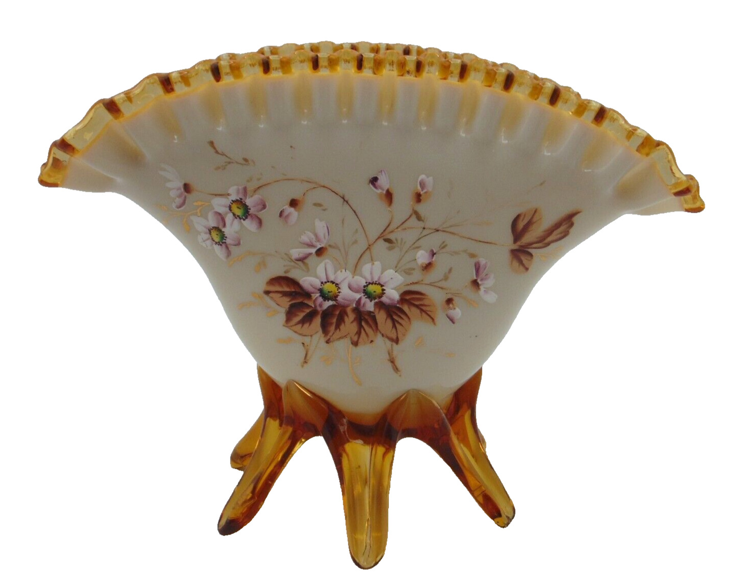 Harrach Victorian Hand Painted Pink Floral &Amber Applied Art Glass Fan Vase