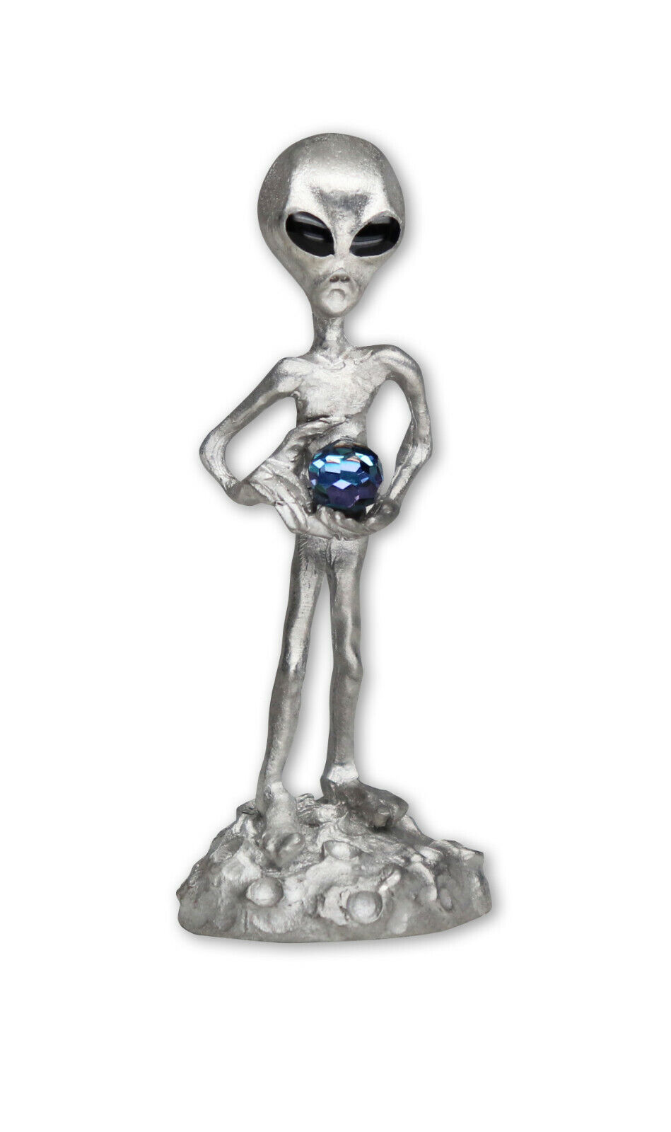 Alien Holding Faceted Blue Crystal Ball Pewter Statue S-006