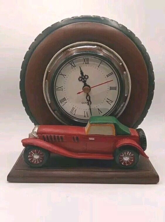 Working Vintage Wooden Car And Tire Clock w/ Faux & Felt Mancave Decor 