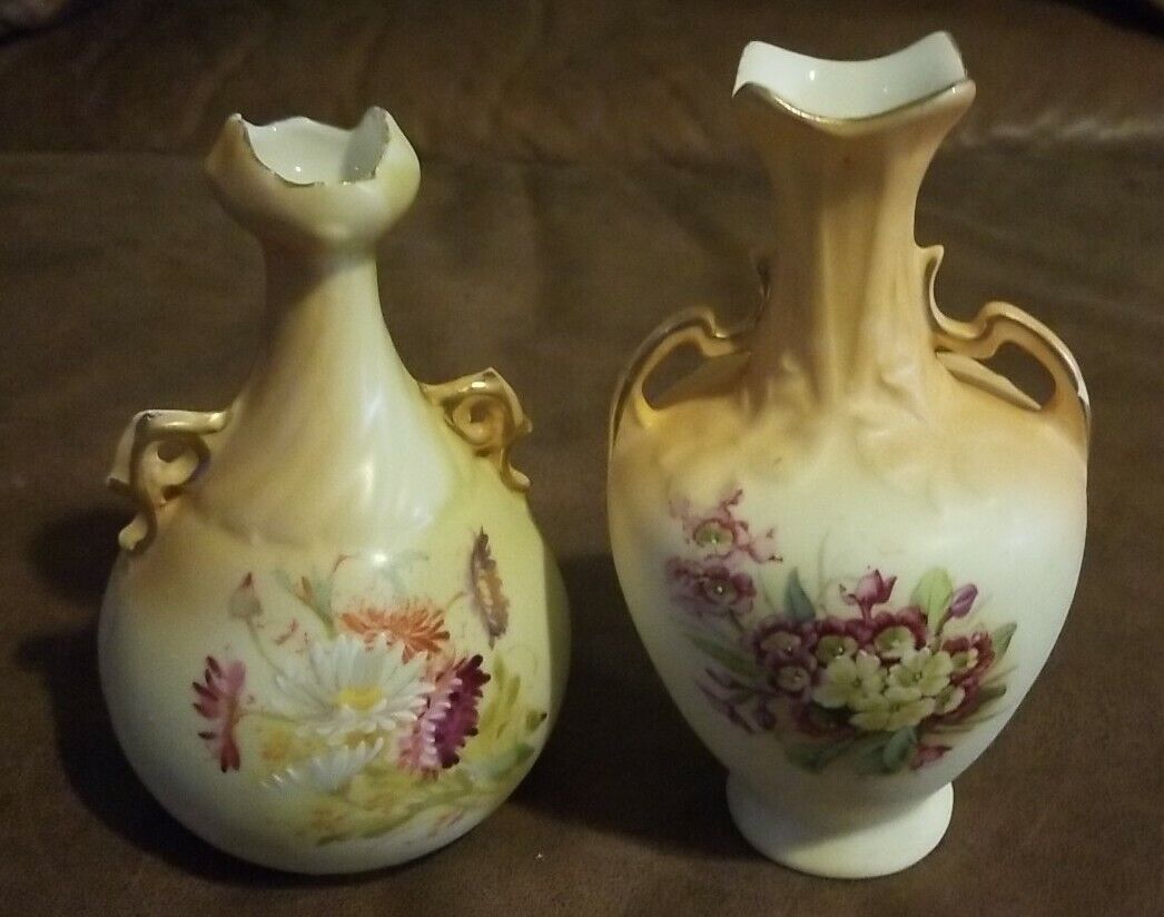 Two Vintage Porcelain 2 Handled Hand Painted Vases Numbered, Cream 6\