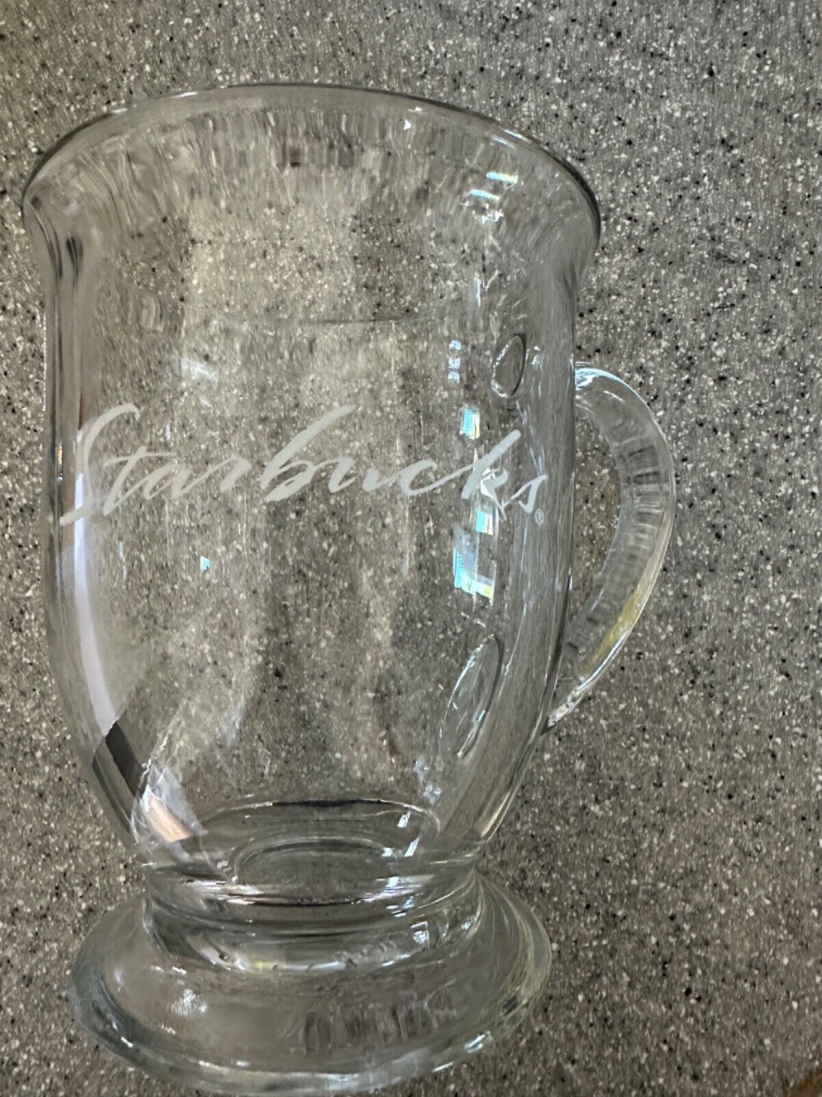 STARBUCKS Anchor Hocking clear glass footed mug with logo in SCRIPT~NOS