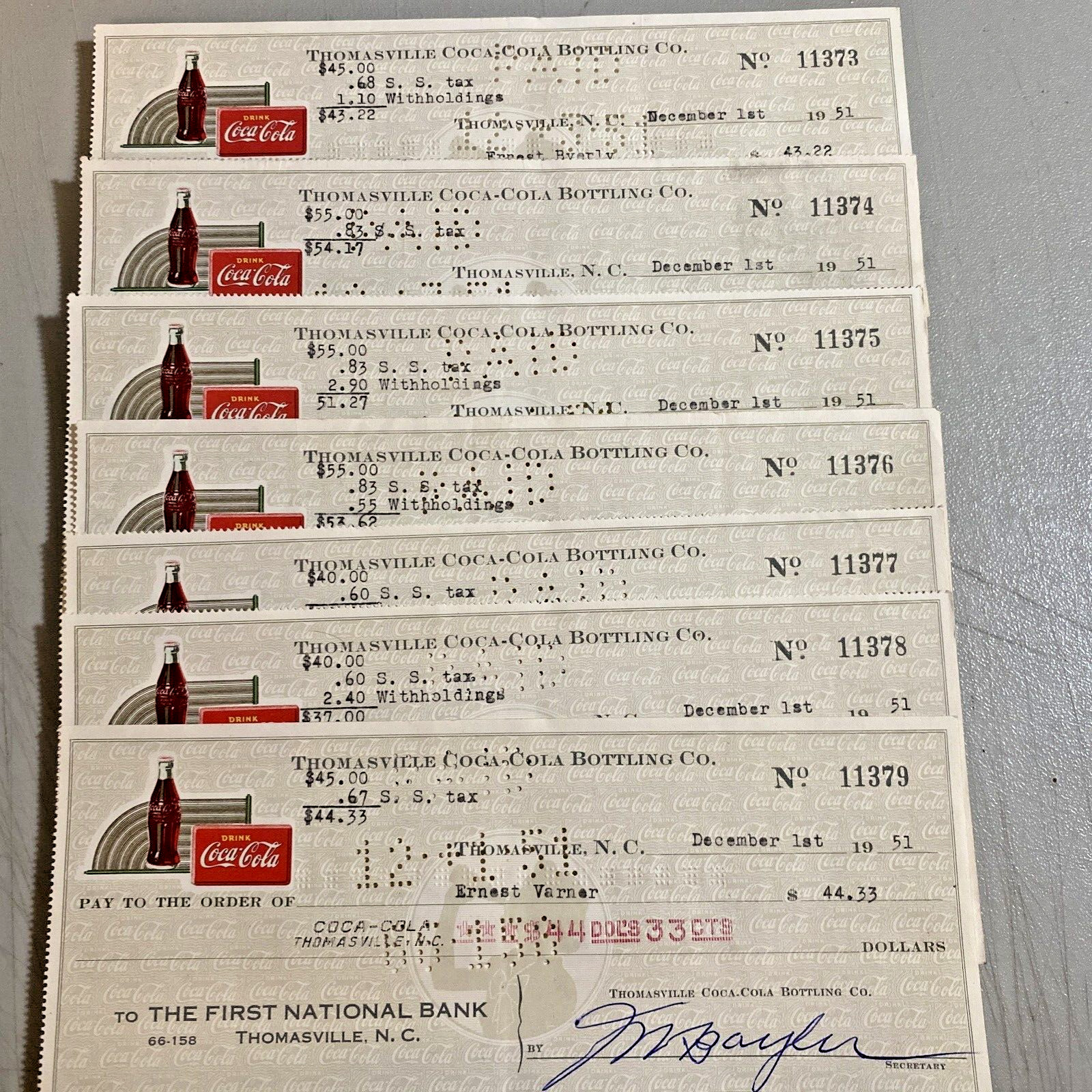 1951 Coca-Cola Bottling CO Coke Canceled Checks Thomasville, N.C. National Bank