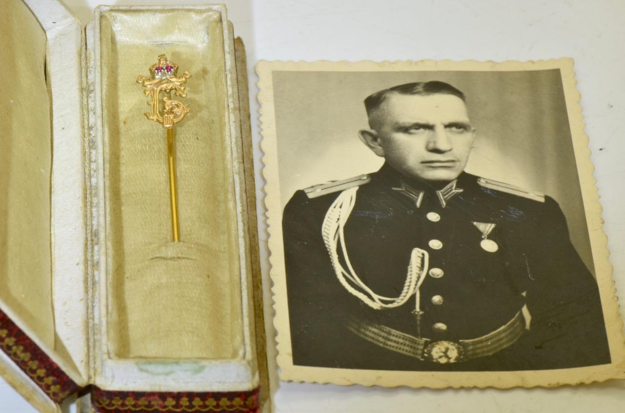 WWII Bulgarian Kingdom Officer's Award Lapel Pin 14k Gold Rubies-Box-Owner CDV