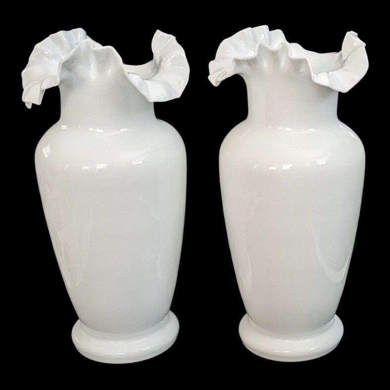 Antique Victorian Bristol Glass Vases Mantel Pair Hand Blown Double Crimped