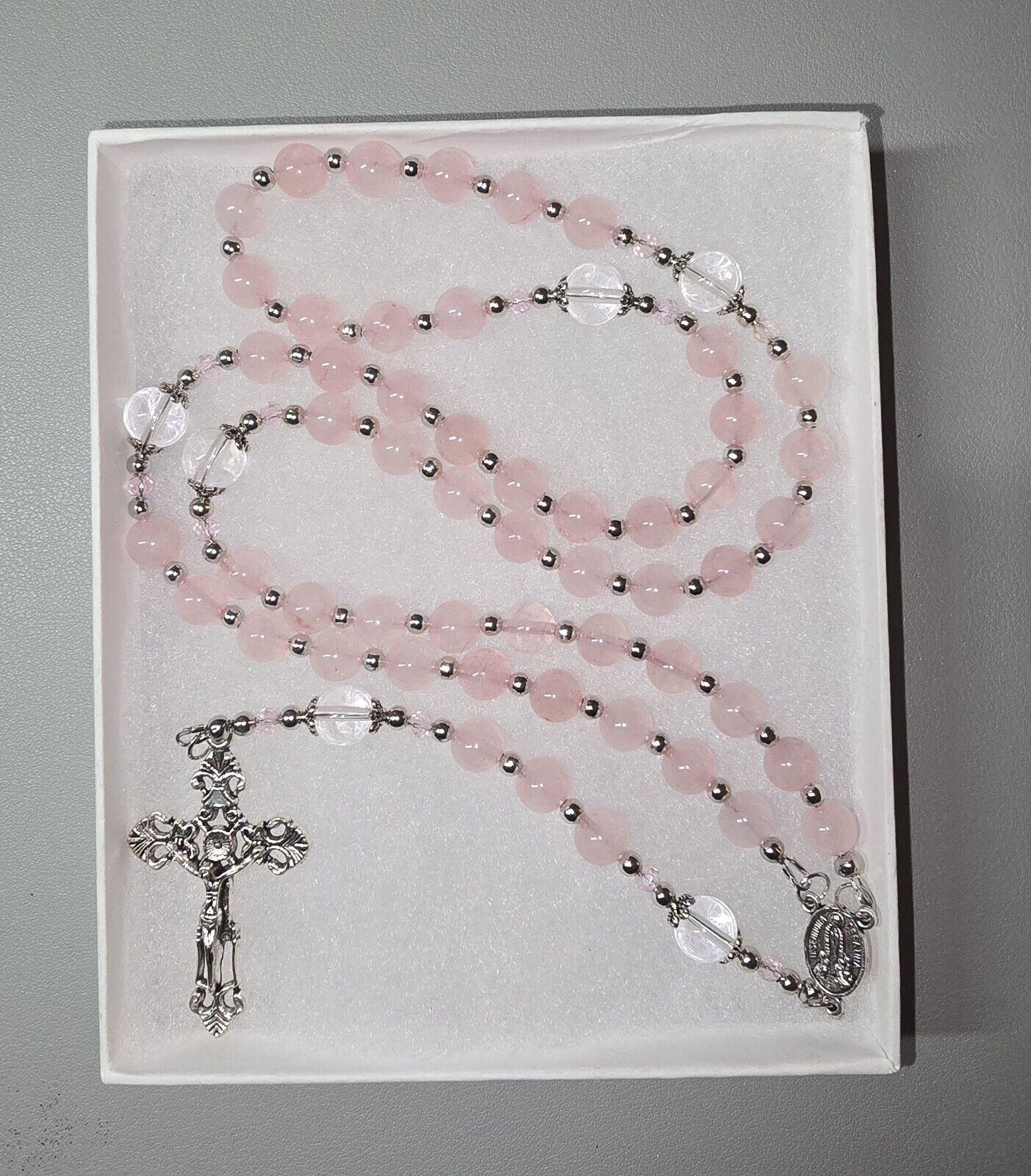 Large One Of A Kind Hand Crafted Rosary Made With Natural Rose And Clear Quartz