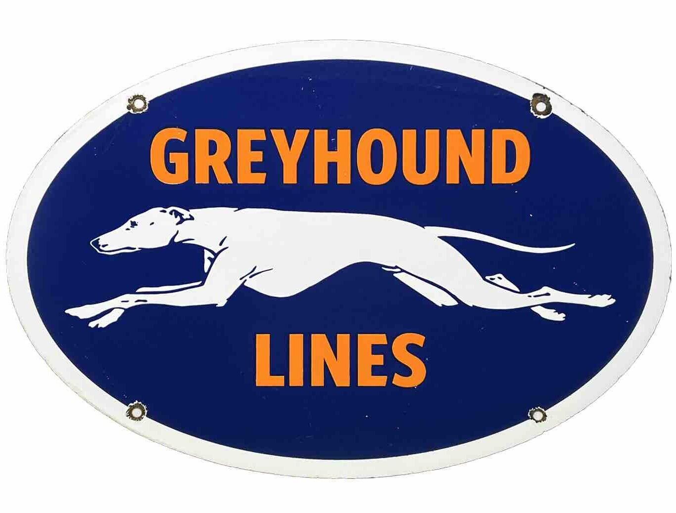 VINTAGE GREYHOUND BUS LINE PORCELAIN SIGN GAS OIL DEPOT STOP YELLOWAY DOG AUTO