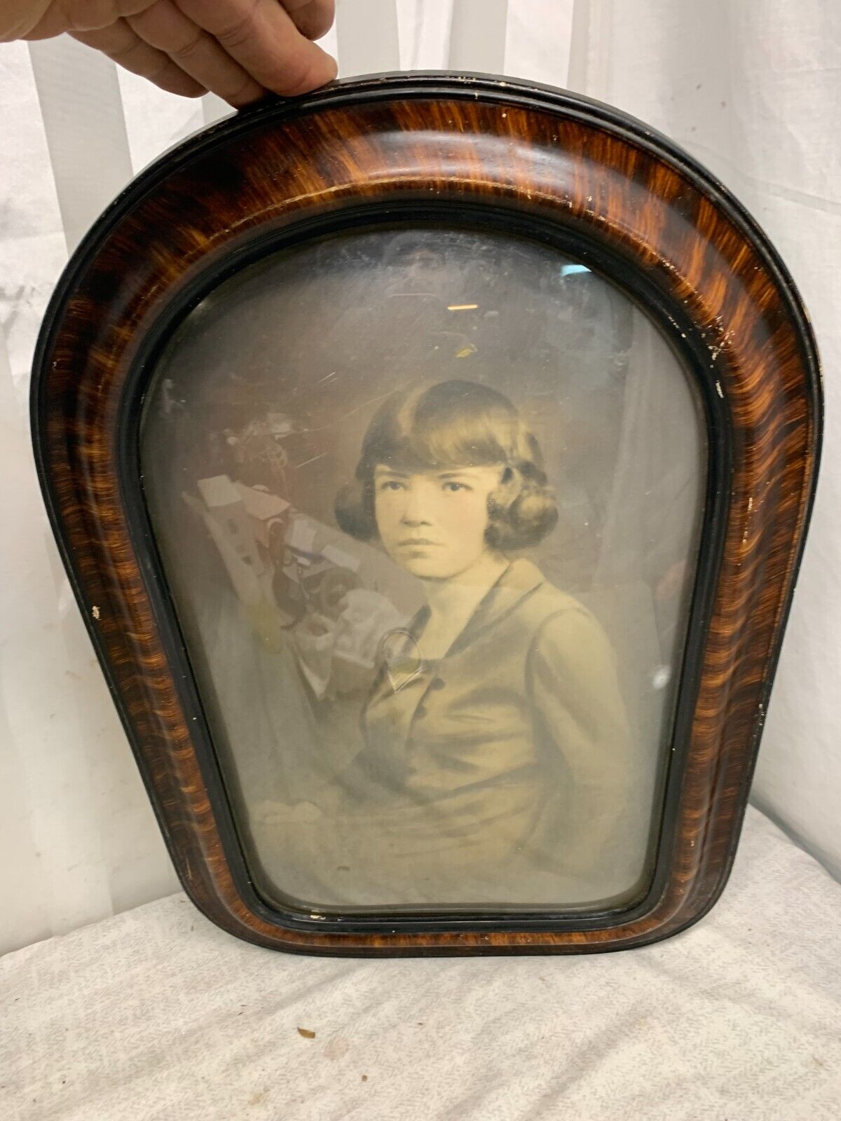 Antique 1800's Convex Bubble Glass Wooden Picture Frame B&W Photo Self Portrait