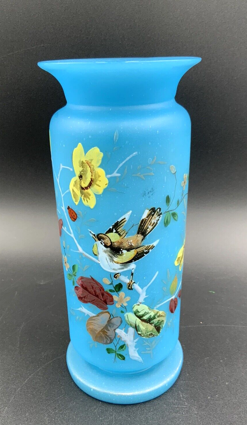 Antique Hand-Blown Opaline Blue Frosted Glass Vase Hand Painted Floral & Birds