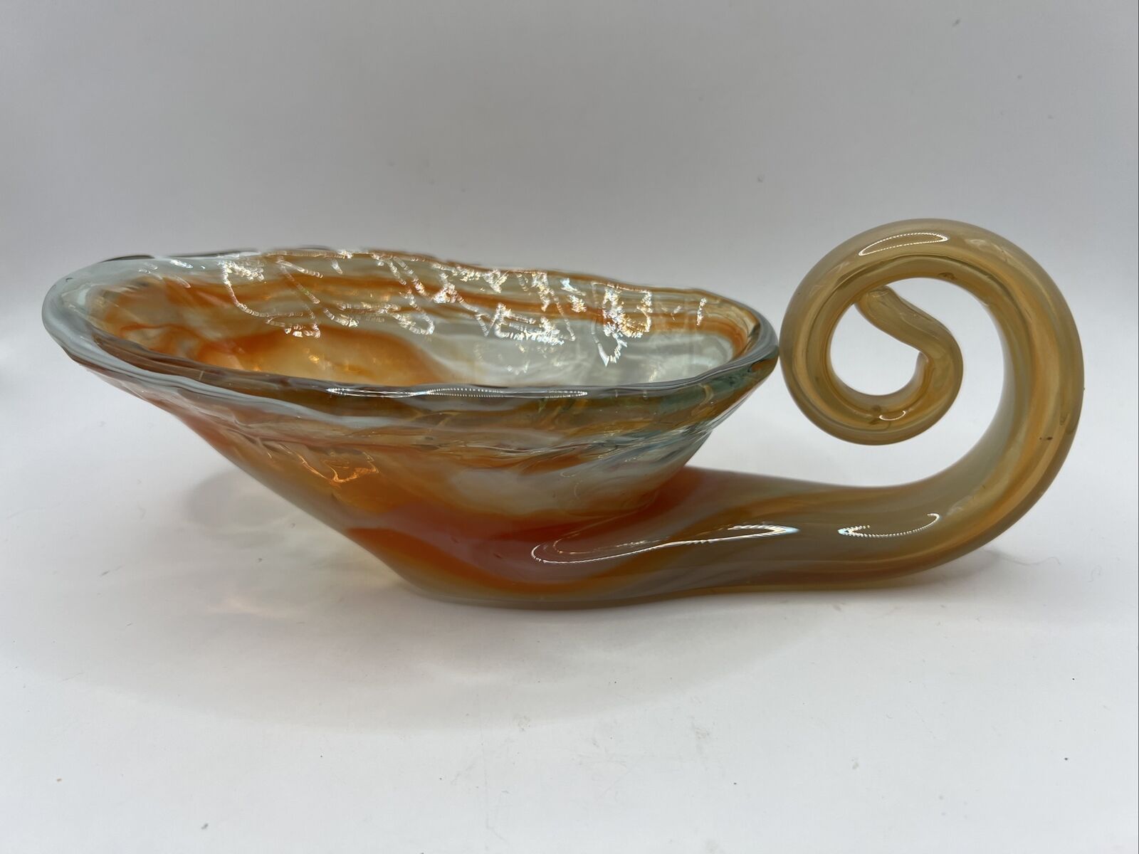 Vtg Slag Art Glass Cornucopia Vase Spiral Curled Handle Unsigned Orange V GOOD