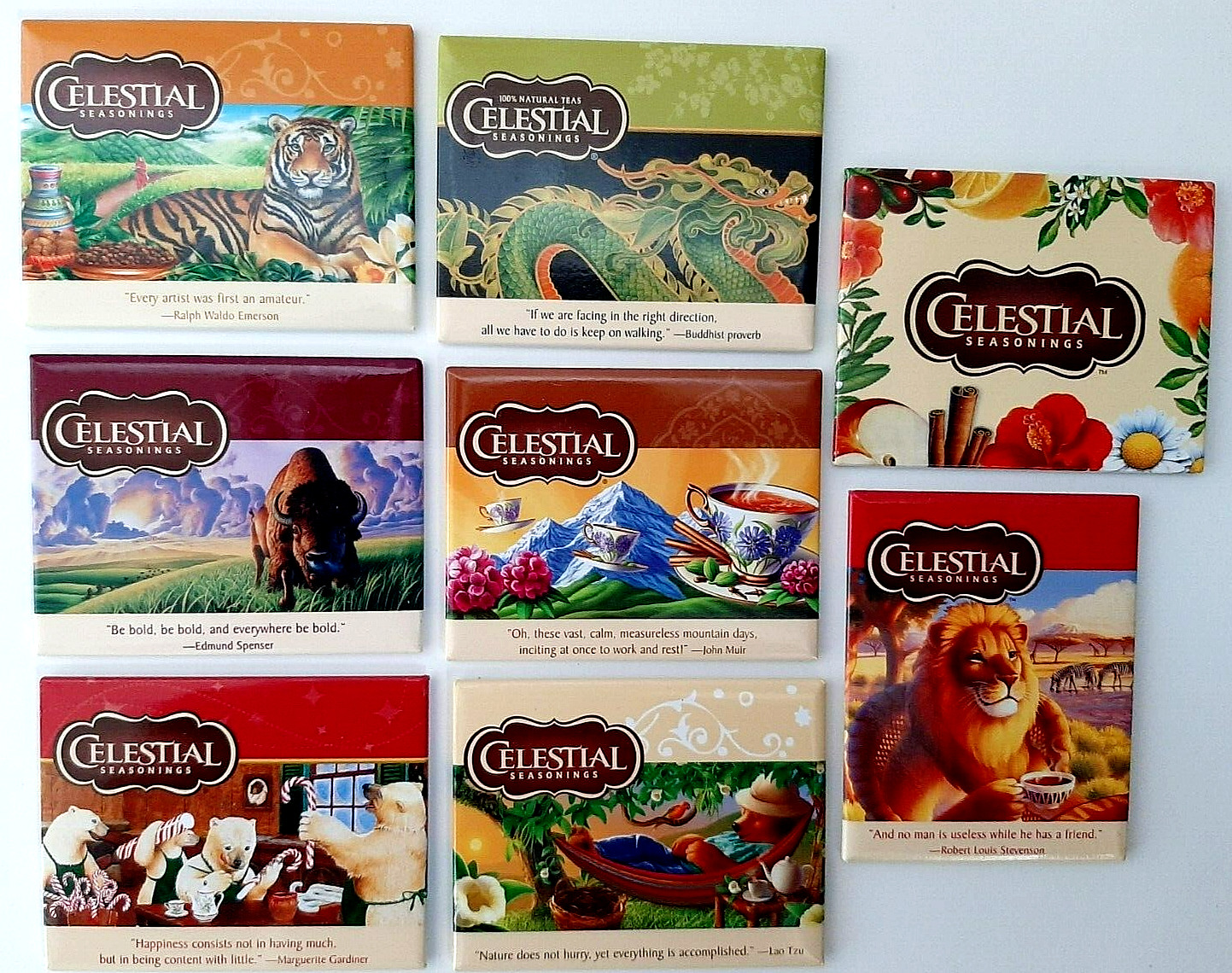 CELESTIAL SEASONINGS Set of 8 MAGNETS w/Artwork from Celestial Tea Boxes & Logo