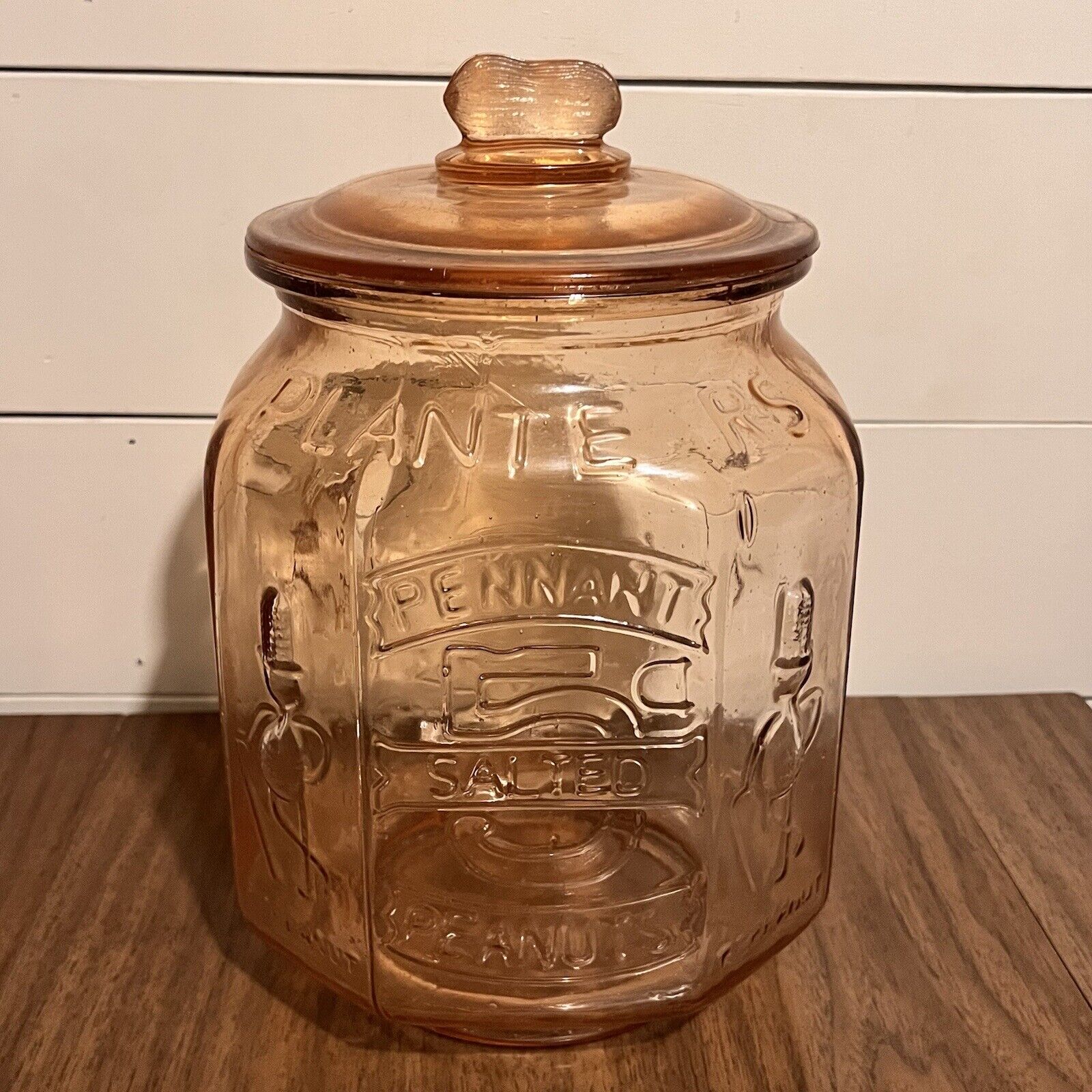 Planters Mr Peanut Pink Depression Glass Pennant 5₵ Salted Jar 12\