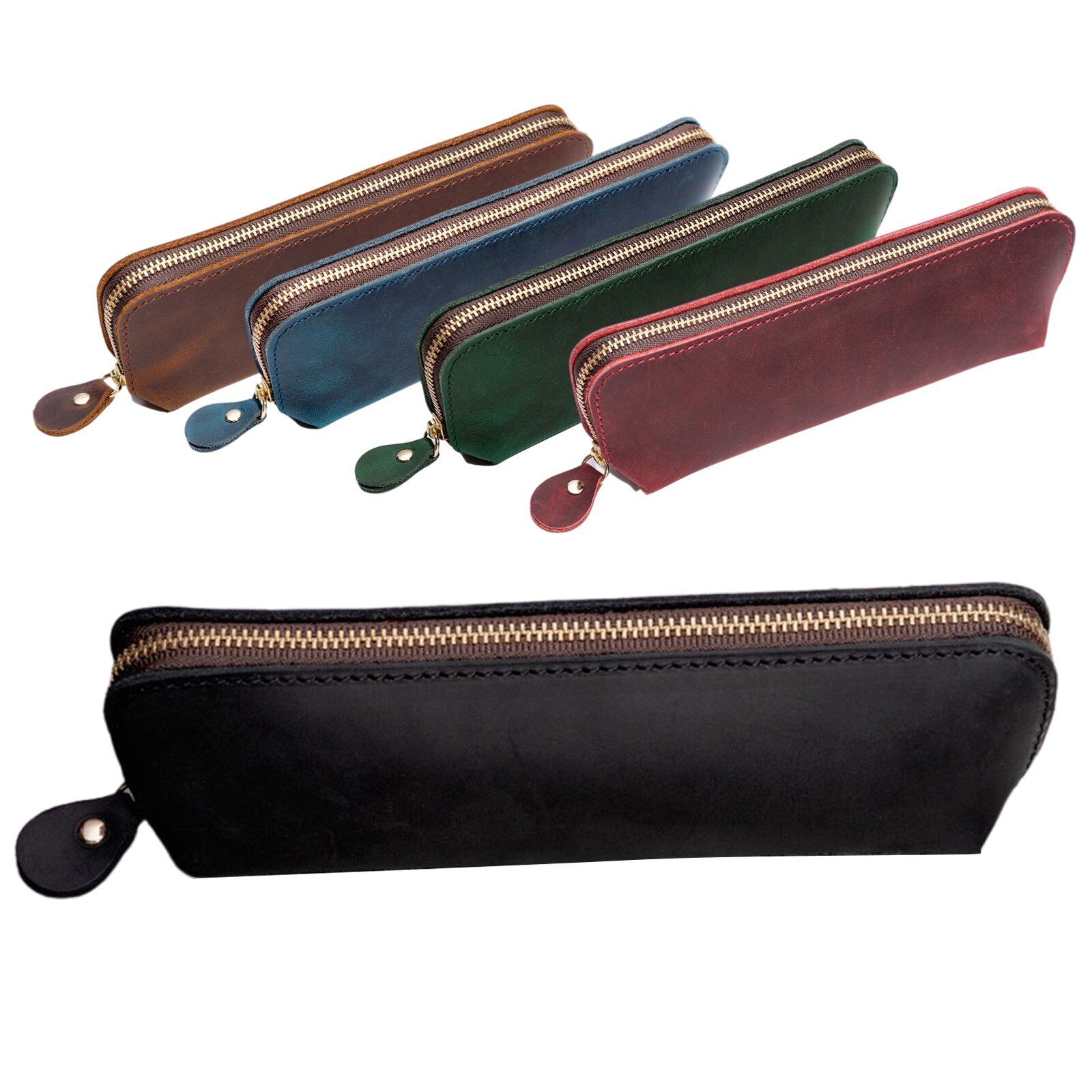 Handmade Cowhide Leather Vintage Zipper Pen Pencil Case Stationery Storage Bag