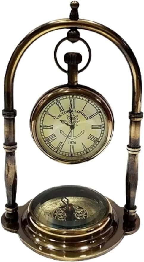 Nautical Clock Ship Table Clock Brass Desk Compass with London Pocket Watch.