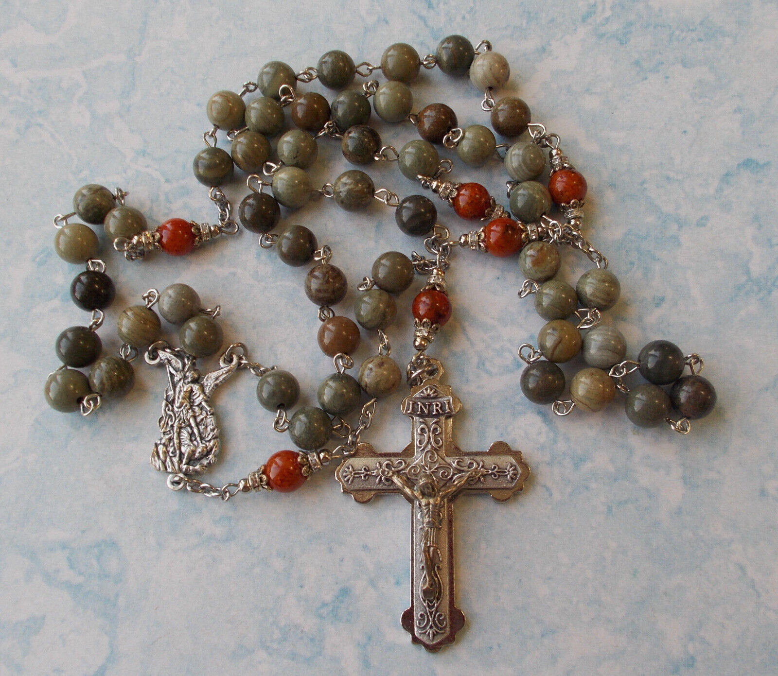 Beautiful Large Silver Leaf Jasper beads Catholic Rosary ~St. Michael~Handmade~