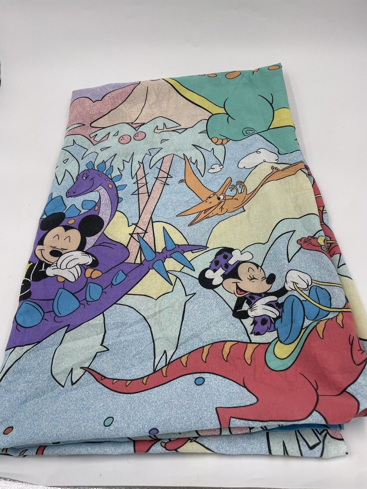 RARE Vintage Disney Stone Age Mickey Minnie Dinosaur Twin Flat Fitted Sheet
