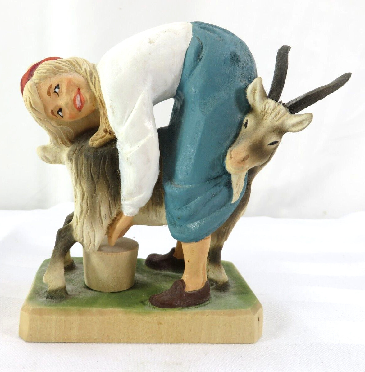 Vintage HENNING Norway Hand Carved Wood Girl Milking Goat Figure Folk Art