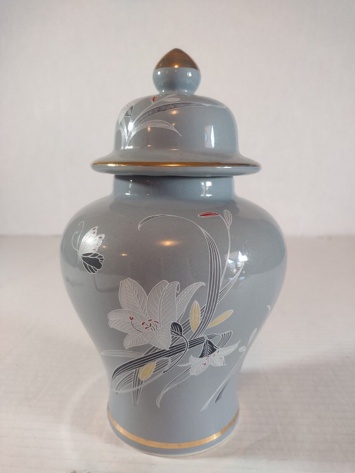 Vintage Japanese Ginger Jar With Lid, Floral Iris Design