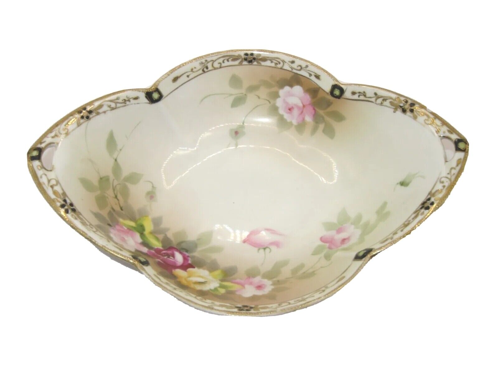 Antique Nippon Porcelain Serving Dish w/ Handles Hand Painted Moriage Maple Leaf