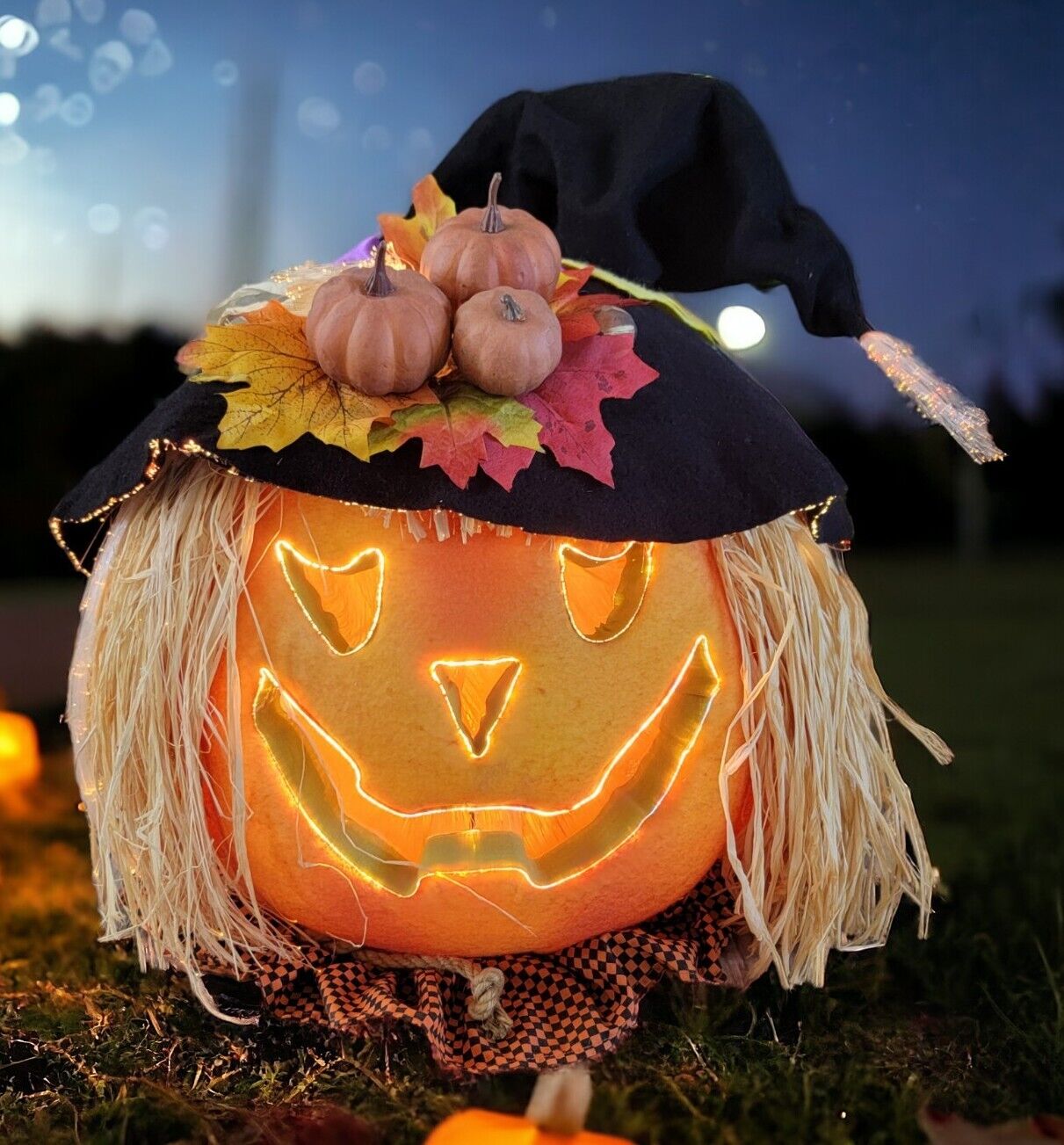 Vtg Halloween FIBER OPTIC SCARECROW Witch PUMPKIN Gemmy PLUG In RARE Large 