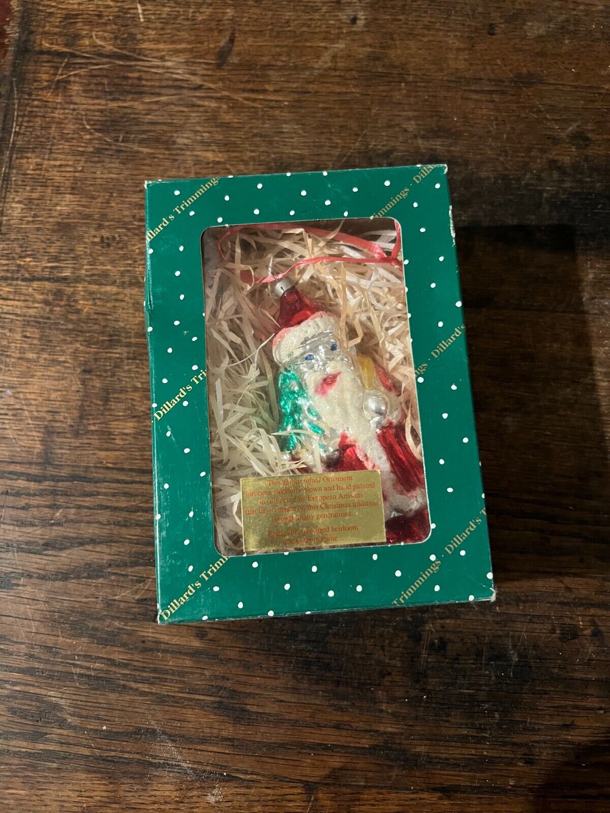 Dillards Christmas Trimmings Ornament Vintage Green Box Santa in Box 2