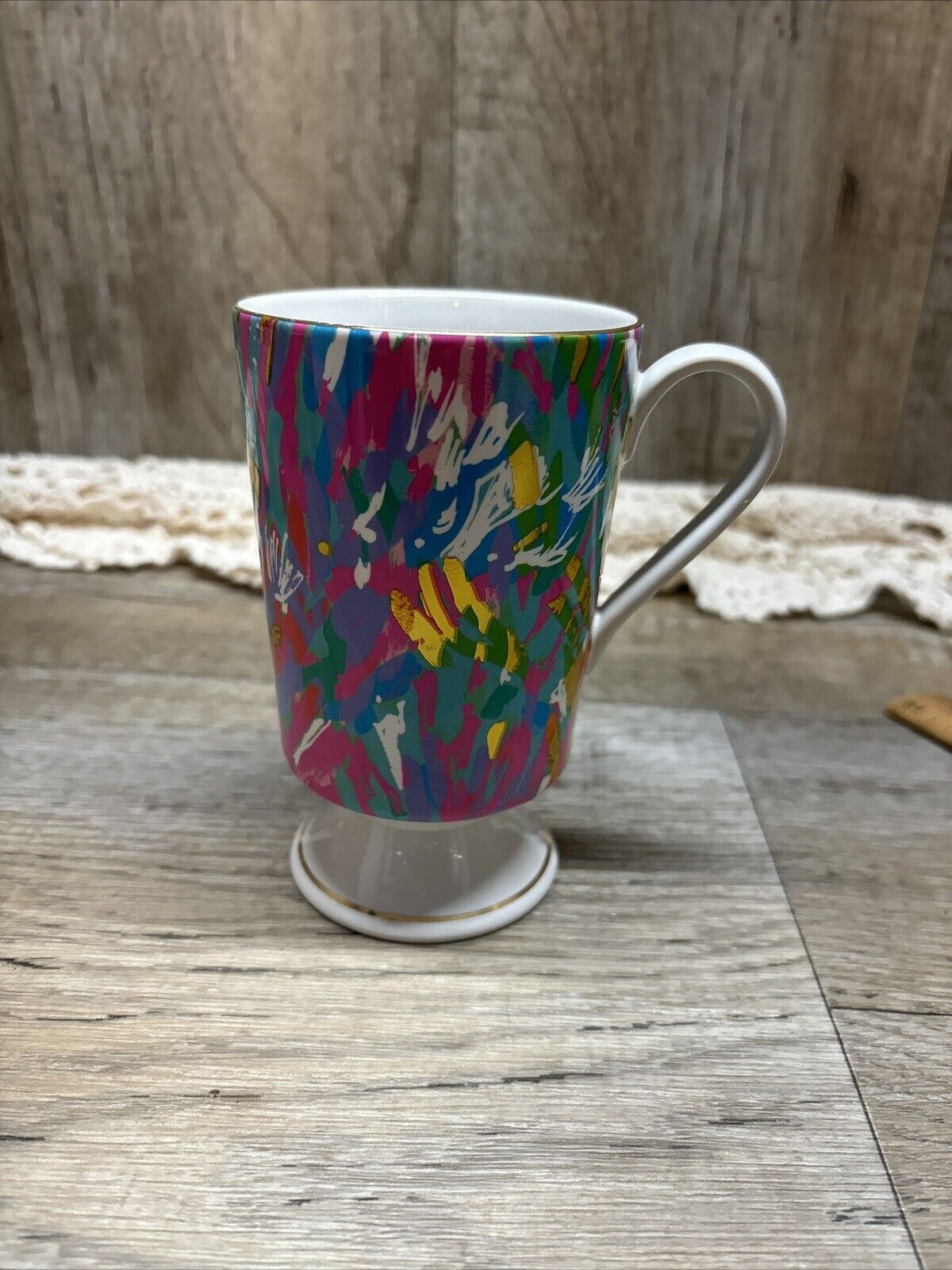 Lilly Pulitzer Footed Mug Neon Gold Trim Sparkle Abstract Coffee Tea