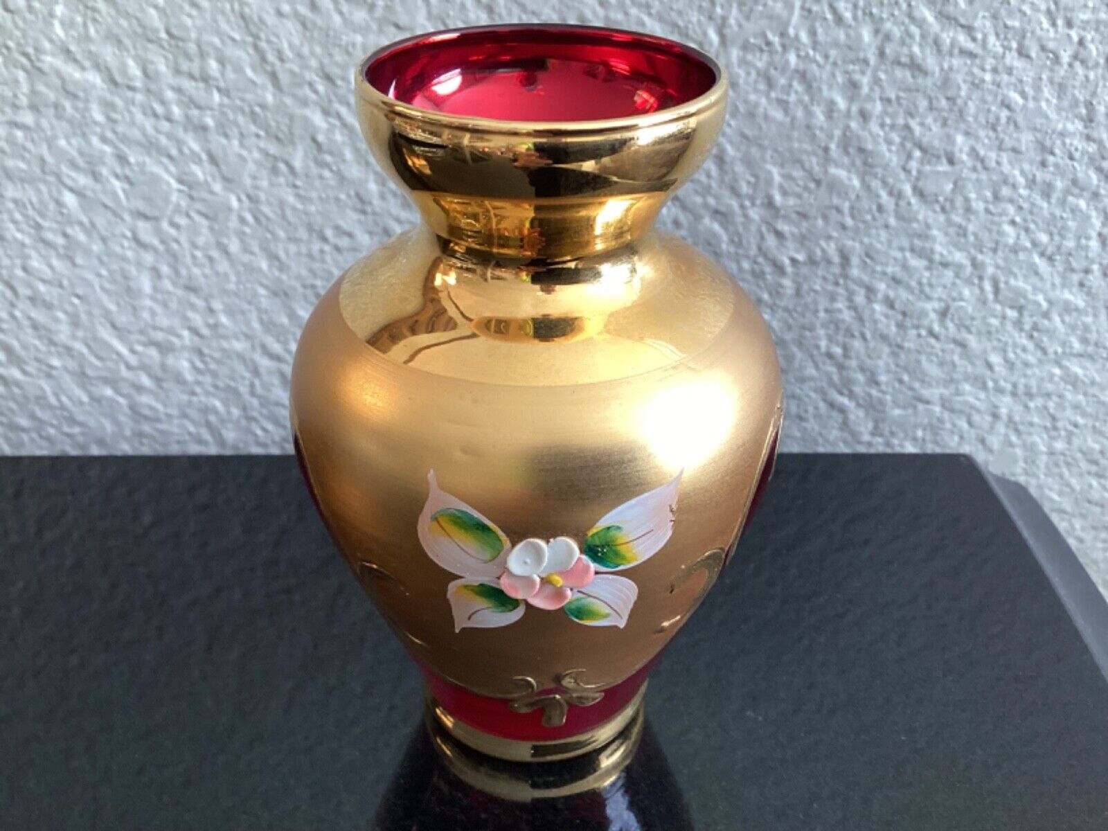 Mario Sanzogno Ruby Red Murano Glass Vase 24K Gold with Raised Enamel Flowers