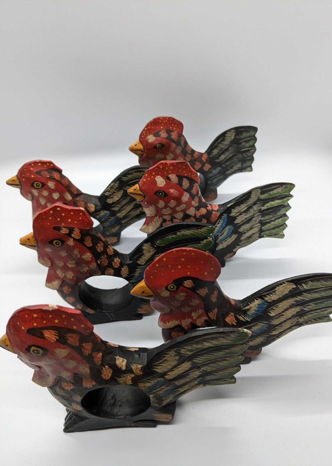 Set of 6 Wooden Folk Art Chicken/Hen/Rooster Napkin Rings